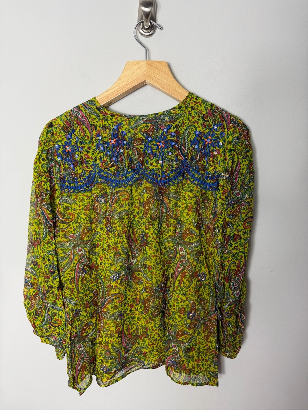 Anthropologie Beaded Priya Blouse Printed Green Size Large *388 - Picture 14 of 14